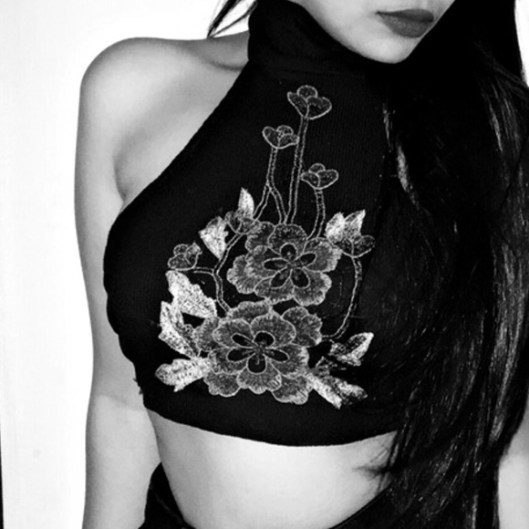 Tops - embroidered black halter neck top small (s)